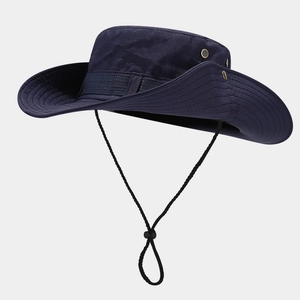 Detail of navy blue sun hat with metal eyelets and adjustable windproof chin strap