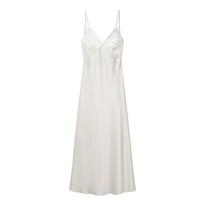 Elegantes Satin Maxikleid Spitze Patchwork V Ausschnitt Spaghettiträger Rückenfrei Sexy Mode Für Damen