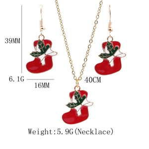 Detailed dimensions of the Christmas stocking necklace and earrings set shown on white background
