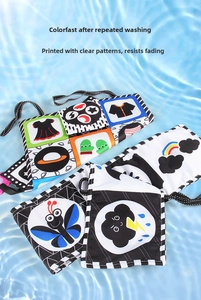 Detailed shot of washable high contrast baby cloth book on water showing colorfast durability