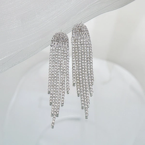 Close-up of elegant long tassel earrings with sparkling silver rhinestones for women