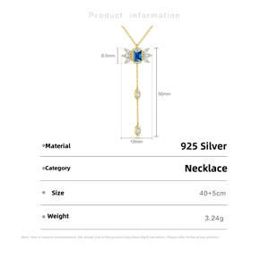 Macro detail of S925 silver necklace with blue rectangular stone and 50mm chain drop