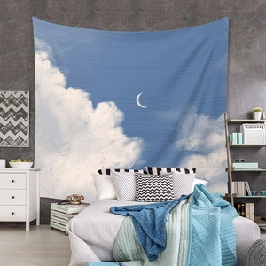 Artistic oil painting style wall tapestry featuring blue sky, clouds and a crescent moon