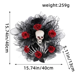 Halloween wreath with red roses, skull, and black mesh for spooky party door decoration
