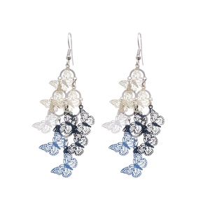 Elegant cutout butterfly tassel earrings with blue gradient metal finish for women