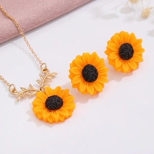 Elegant sunflower jewelry set with gold pearl necklace and earrings for women