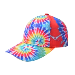 Detail of multi-color tie-dye baseball cap with vibrant swirl pattern and cotton fabric