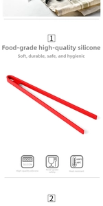 Detail of red food-grade silicone kitchen tongs showing heat-resistant non-slip texture
