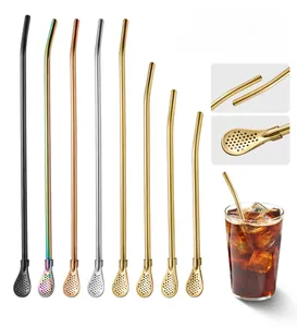 Close-up of detachable 304 stainless steel straw filter spoon in various metallic finishes