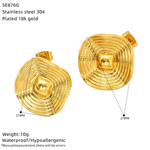 Detail of 18k gold plated stainless steel square stud earrings with textured surface
