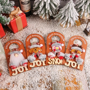 Christmas Door Handle Hanging Ornaments Wood And Fabric Cartoon Santa Snowman Reindeer Bear Feliz Navidad JOY Decoration
