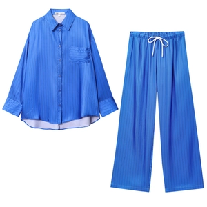 Blue Vertical Stripe Satin Shirt And Drawstring Wide Leg Pants Casual Loungewear Two Parts Outfit For Women