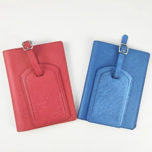 Cross-pattern PU leather passport holder and luggage tag set in red and blue colors