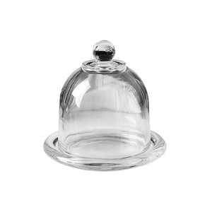 European clear glass cake dome with matching serving tray and spherical handle top