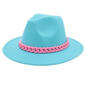 Light blue wide brim felt jazz hat with a stylish pink acrylic chain decoration
