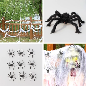 Detailed Halloween decor set with giant white spider web and plush red-eyed spiders