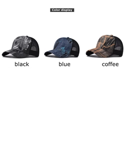 Detailed color display of graffiti trucker hats in black, blue, and coffee brown mesh