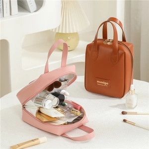 Portable PU leather shell makeup bags in pink and brown with spacious compartments