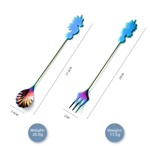 Detailed view of seahorse-shaped rainbow stainless steel dessert spoon and fork set