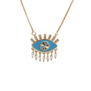 Collier Pendentif Oeil En Cuivre Plaqué Or Émail Bleu Coeur Géométrique Gland Zircon Bijoux Élégants Cadeau Femme