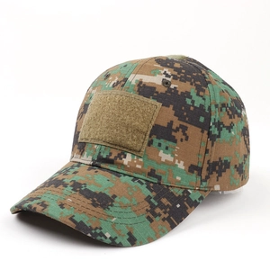 Macro detail of jungle digital camouflage tactical cap with velcro patch area and texture
