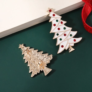 Christmas tree brooch with white enamel and colorful rhinestones shown front and back