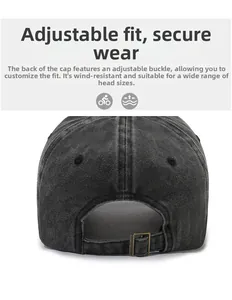 Detail of adjustable metal buckle and washed denim texture on a baseball cap back