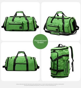 Multi-angle views of fluorescent green gym bag with backpack straps and shoe compartment