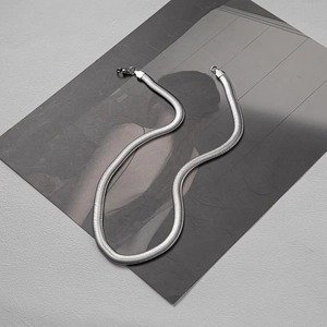 Detailed close-up of a silver flat snake chain necklace with a secure lobster clasp