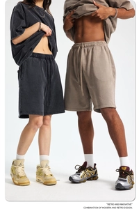 Detail of retro washed 420g cotton sweat shorts with adjustable drawstring elastic waist