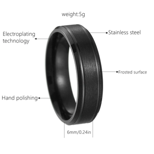 Detail of 6mm black stainless steel ring with frosted surface and hand-polished finish