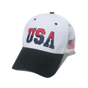 Classic USA flag baseball cap with 3D embroidery on white cotton fabric with black brim