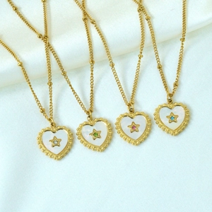 14K gold plated stainless steel heart shell necklaces with star and colorful zircons