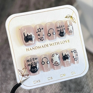 Cat Eye Press On Nails Artificial Pearl Shimmer Cute Cartoon Cat Star Pattern Square Round Fake Nails Nude Pink For Women