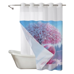 Double-layer waffle weave waterproof shower curtain with pink snow tree and heart pattern