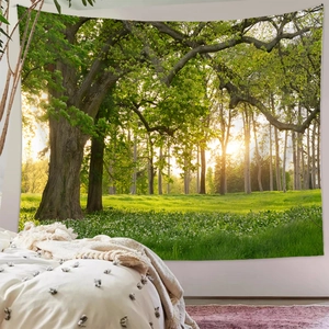 Close-up of lush forest print on polyester tapestry for bedroom wall decoration