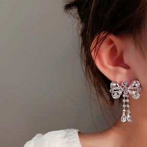 Elegant 925 silver needle bowknot fringe earrings with sparkling tassel diamonds