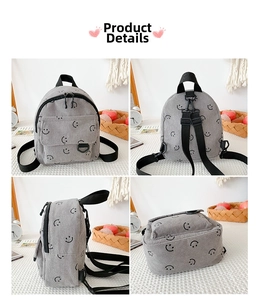 Detailansicht grauer Mini-Rucksack aus Cord mit Smiley-Muster und verstellbaren Trägern