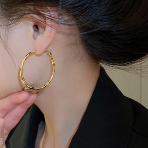 Detailed view of 14k gold plated twisted hoop earrings worn by a model for a chic look