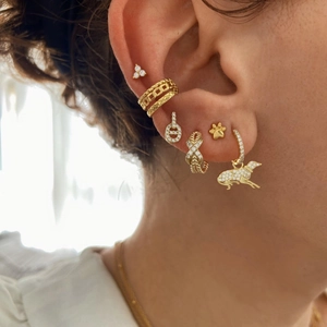 Chic S925 silver needle gold earrings set with zircon studs and ear cuffs for women