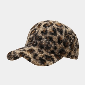 Winter leopard print baseball cap with warm fuzzy plush texture and classic pattern