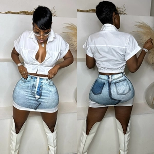 Women Sexy Mini Skirt Milk Satin High Elastic Waist Bodycon Streetwear Digital Denim Print Summer Bottoms