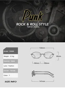 Detailed size chart for rimless oval punk sunglasses with frame and lens dimensions