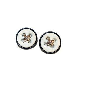 Elegant geometric button stud earrings with black and white zircon and silver metal accents