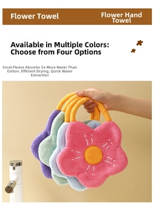 Absorbent coral fleece hand towel showing thick flower shape and hanging loop detail