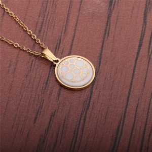 Collier en acier titane doré avec pendentif chouette en zircone sur fond de bois foncé