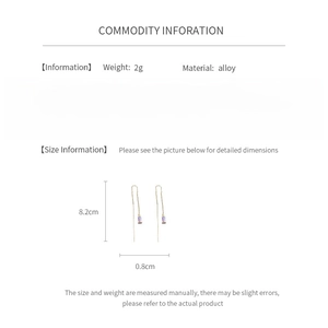 Size specifications and material details of the long drop earrings with purple stones