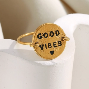 Retro 18K gold plated stainless steel ring with Good Vibes lettered round disc