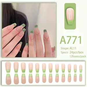 Künstliche Nägel Set in Nude und Matchagrün, French Design, lange Ballerina Form AL11