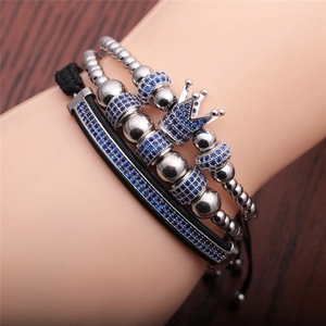 Men's crown bead and woven bracelet set with blue zircon in silver and blue finish